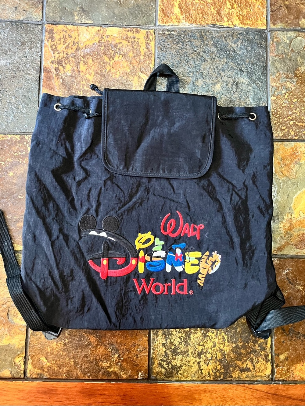 Vintage Disney Black Drawstring Backpack with Embroidery